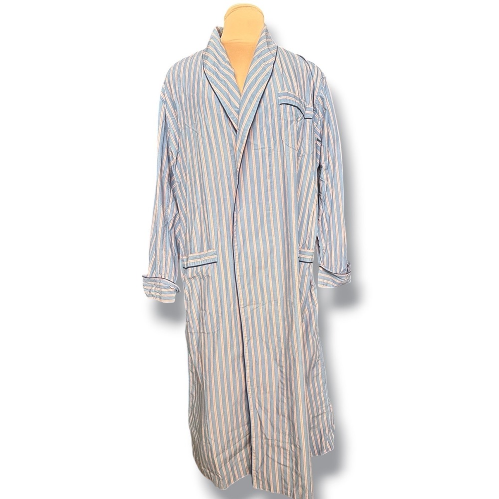 Brooks Brothers Mens Medium Blue Striped Cotton Shawl Collar Robe Loungewear